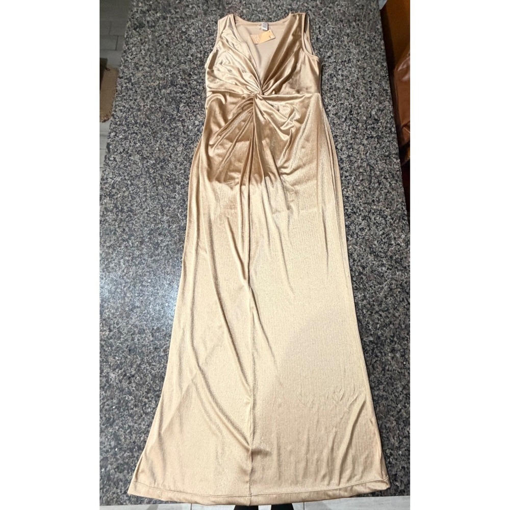 Popilush Built-in Shaper Maxi Dress Champagne Gold Metallic Twist Front XXL